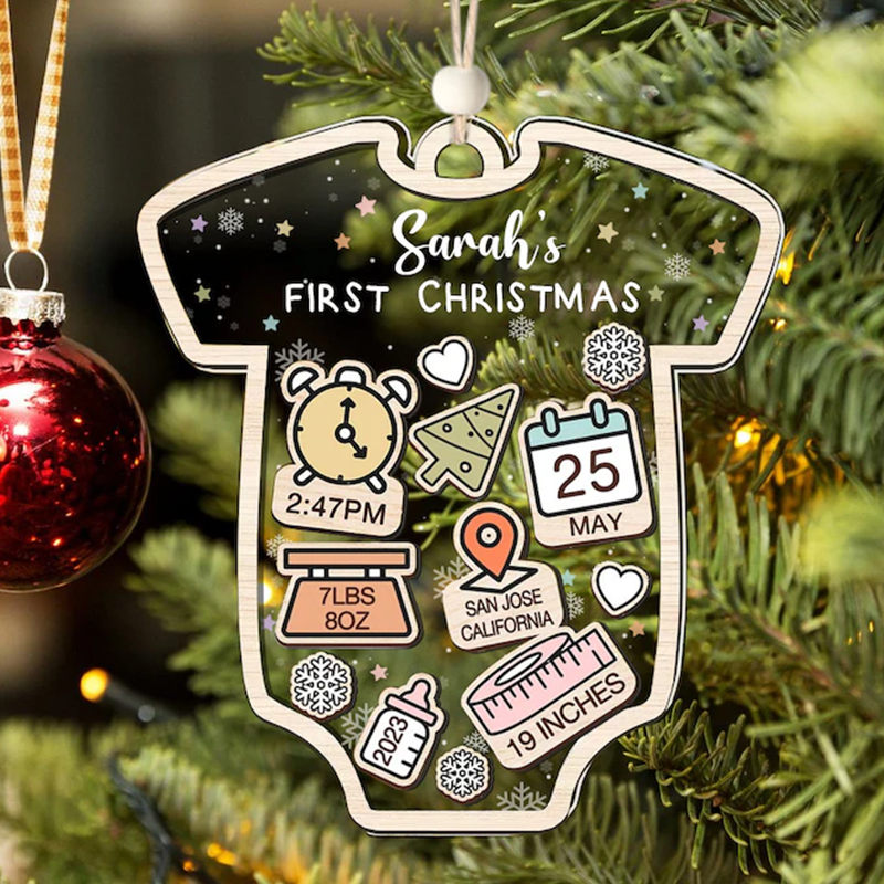 2023 Personalized Baby’s First Christmas Ornament – Personalized Onesie Shape Custom Babys 1st Christmas Ornament（organic glass acrylic)