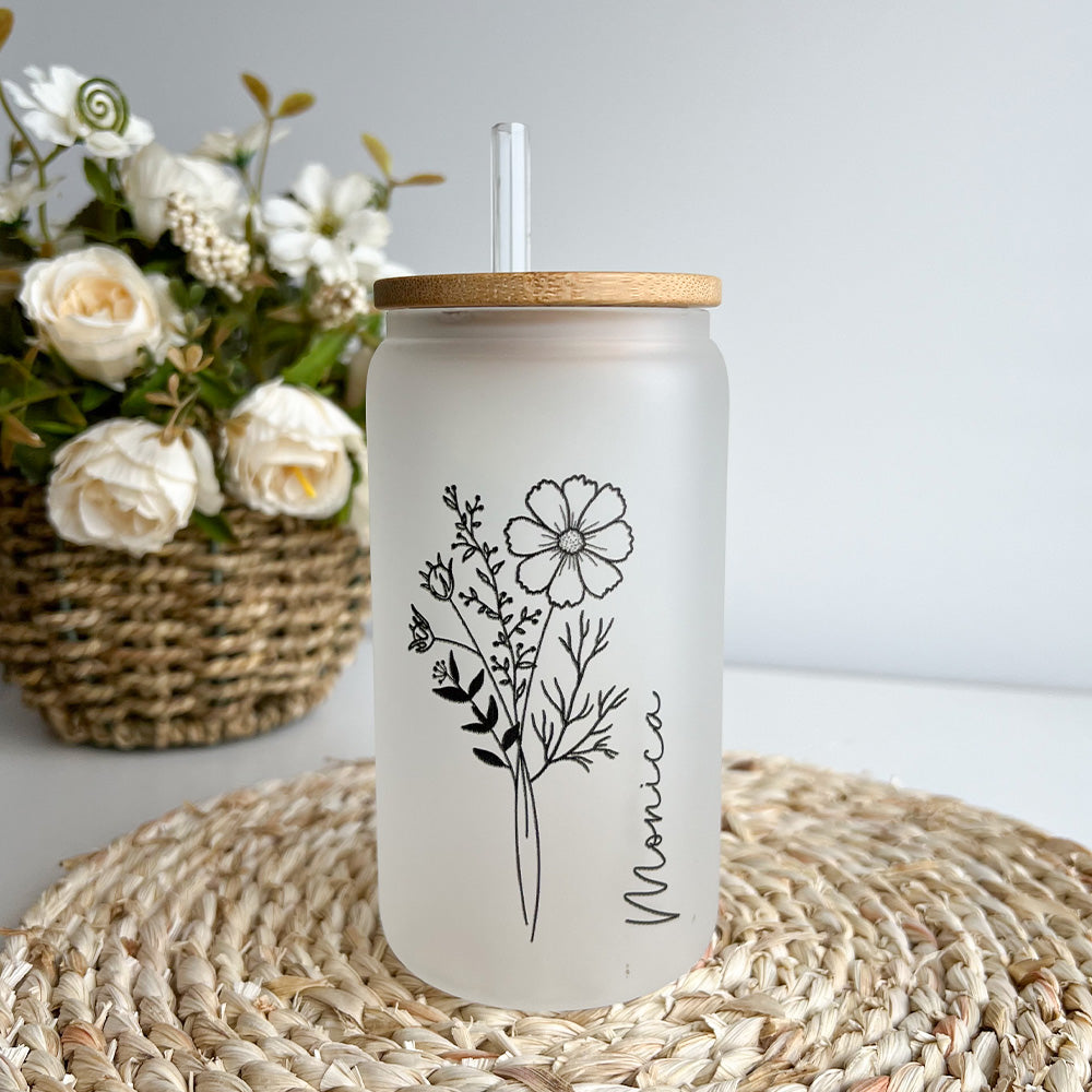 Personalized Iced Coffee Glass Tumbler  With Name And Birth Flower - Birth Flower Flowers
