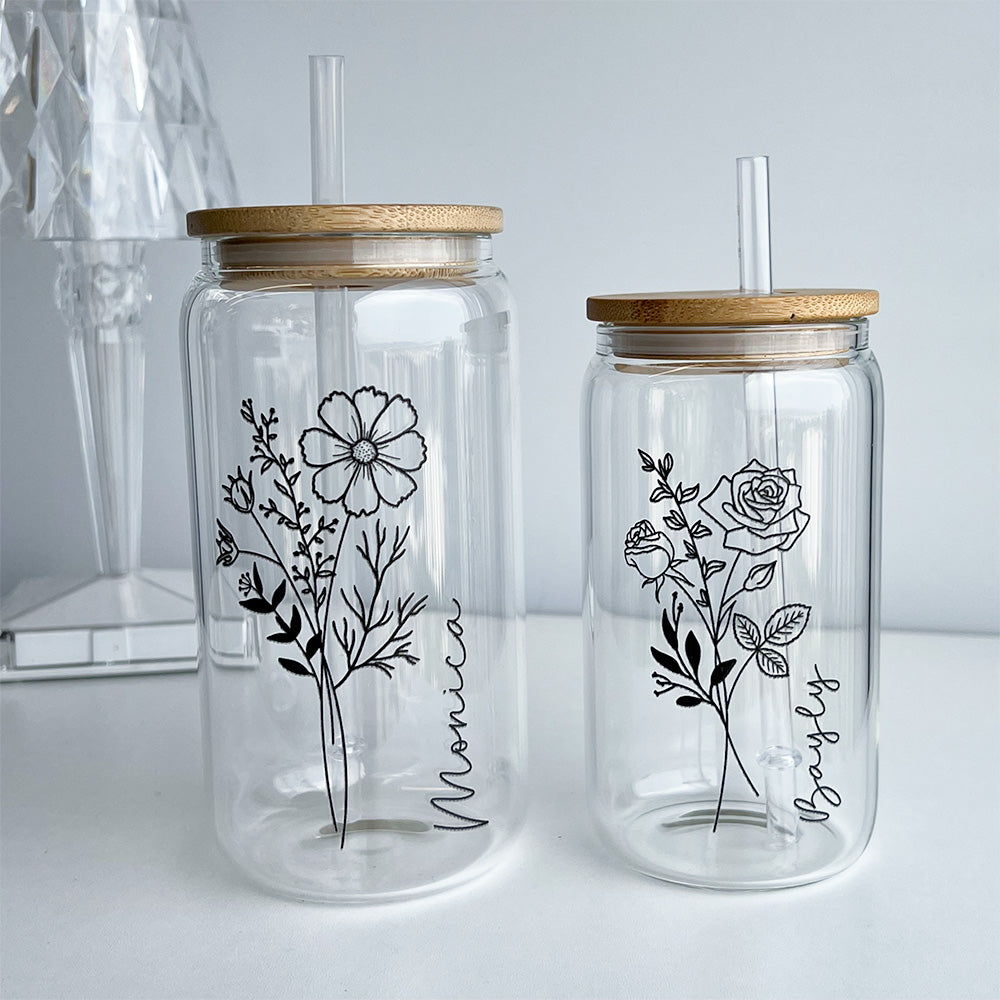 Personalized Iced Coffee Glass Tumbler  With Name And Birth Flower - Birth Flower Flowers