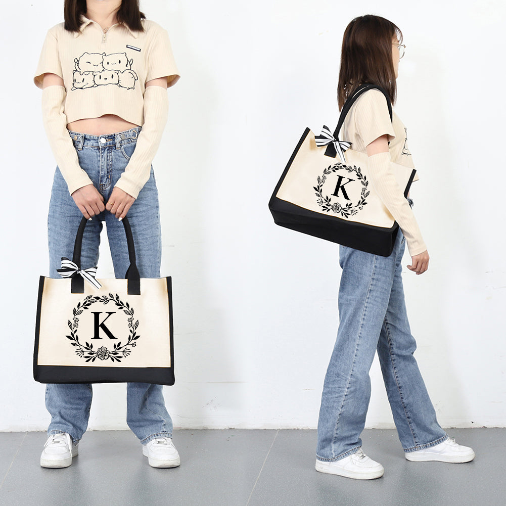 Letter Canvas Bag Women Hit Color Simple Shoulder Shopping Tote Handbag(k)