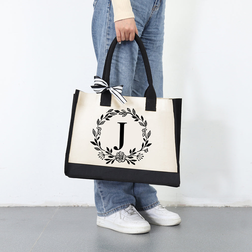 Letter Canvas Bag Women Hit Color Simple Shoulder Shopping Tote Handbag(J)