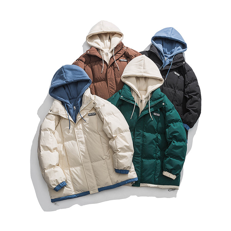 [Warm Winter Series]Imitation Of A Two-Piece Cotton Coat With A Hood - Letter Patched Drawstring Hem Hooded Puffer Coat