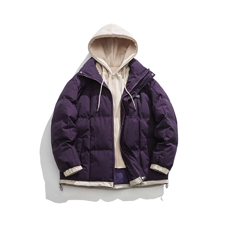 [Warm Winter Series]Imitation Of A Two-Piece Cotton Coat With A Hood - Letter Patched Drawstring Hem Hooded Puffer Coat