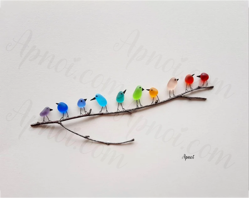 Sea Glass Rainbow Birds - Sea Glass Art- Sea Glass & Driftwood Picture - Birds Stained Window Panel Hangings