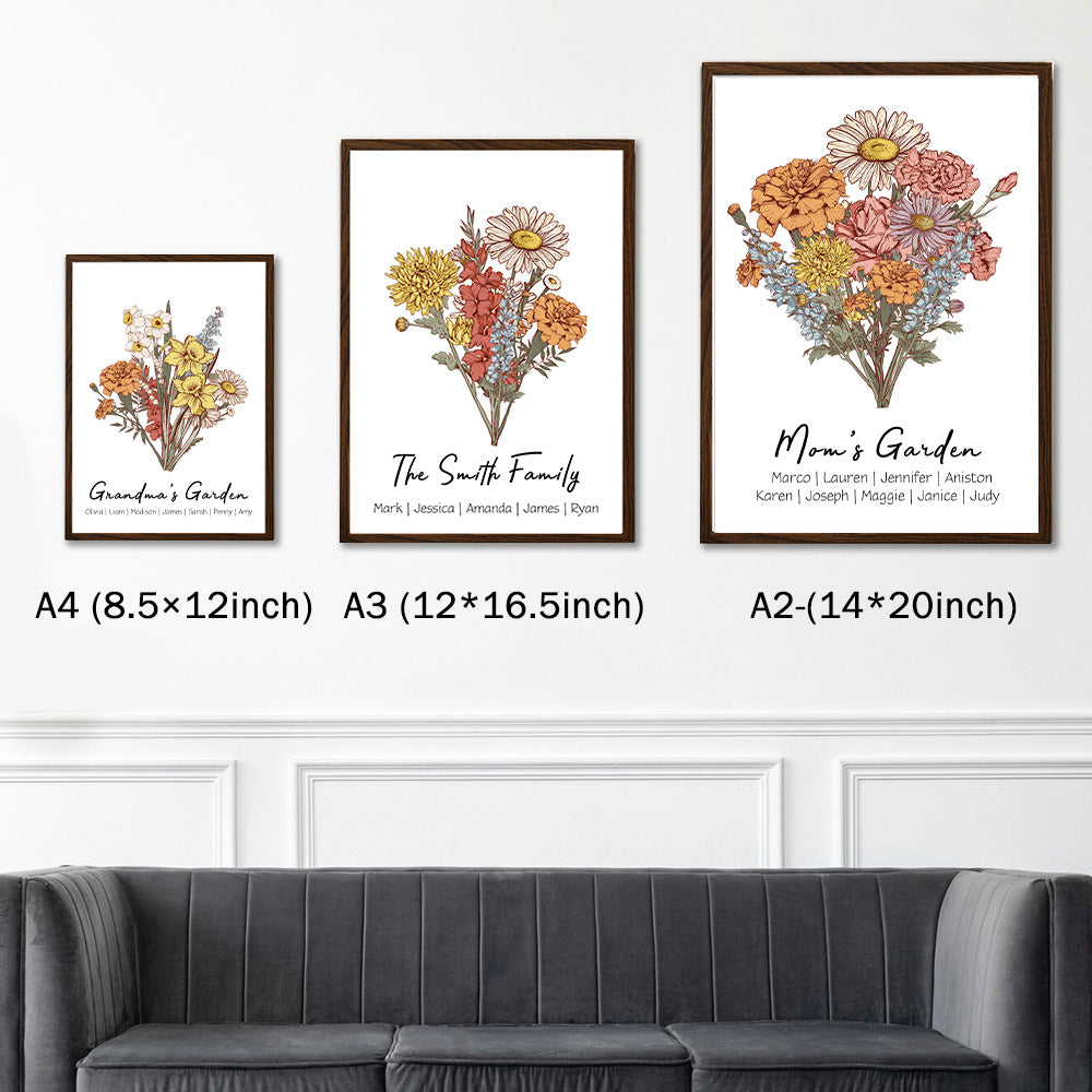Personalized Birth Flower Family Bouquet - birthday flower garden - Personalized Birth Flower Family Bouquet/Names Frame - Birth Flower Art