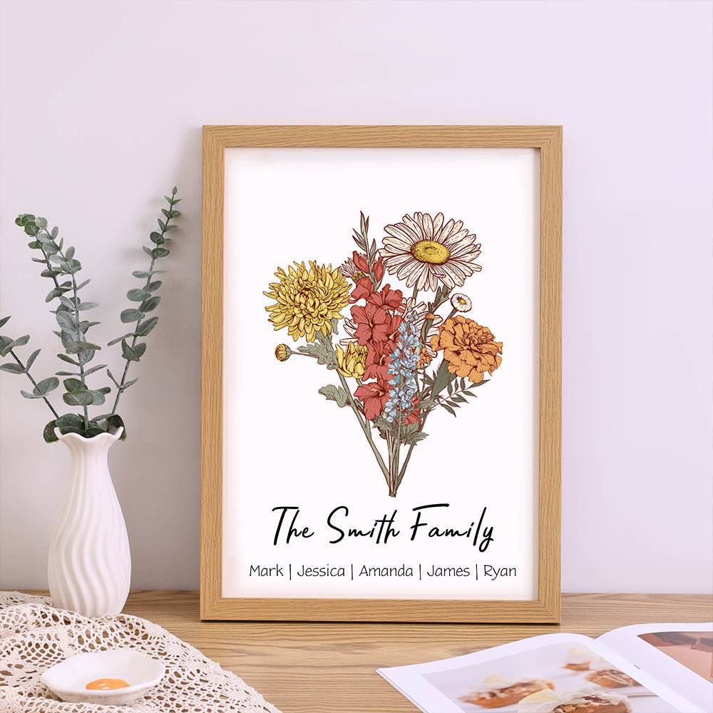 Personalized Birth Flower Family Bouquet - birthday flower garden - Personalized Birth Flower Family Bouquet/Names Frame - Birth Flower Art