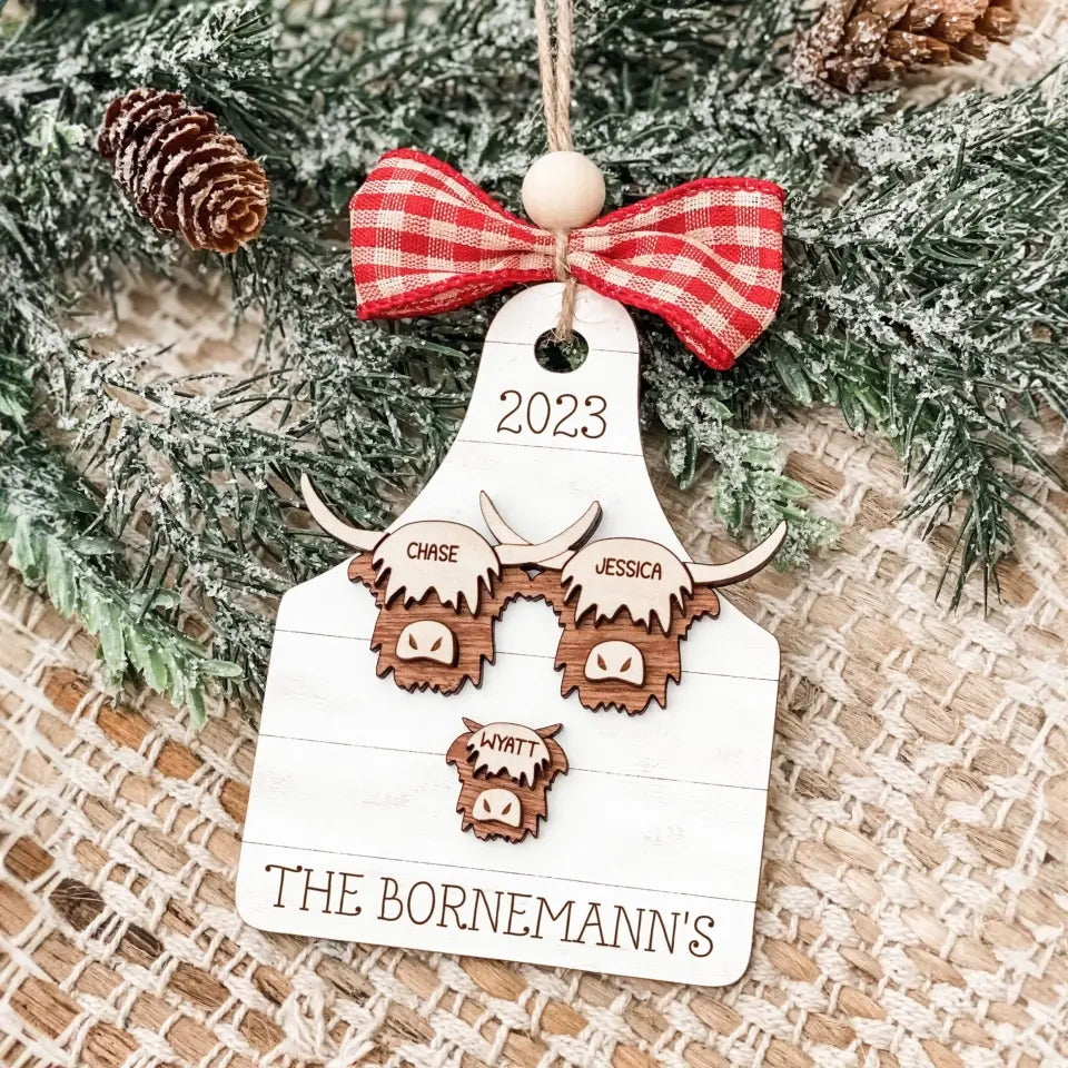 Highland cow, family christmas ornament, farmhouse Christmas, 2023 ornament, rustic christmas ornament