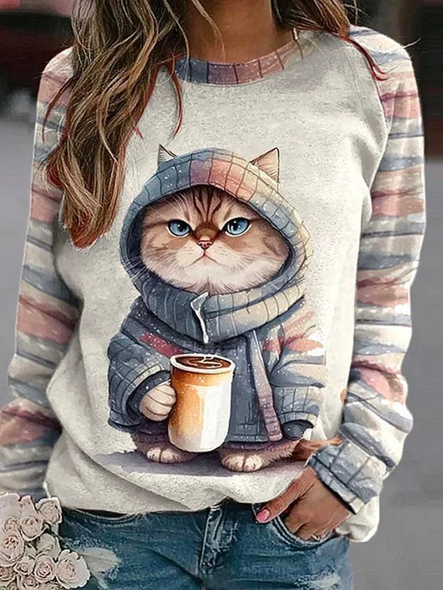 Cat Print Daily Casual Loose Crew Neck H-Line Striped Long Sleeve Sweatshirt