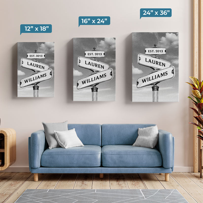 Where Love Never Ends - Family Personalized Custom Vertical Canvas Art - Personalized Street Sign Multi - Name Custom Canvas Wall Art