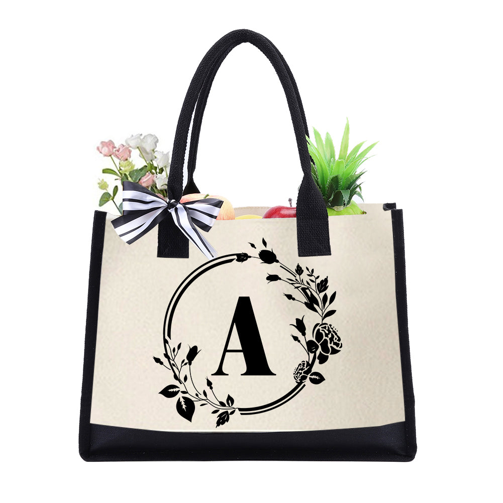 Letter Canvas Bag Women Hit Color Simple Shoulder Shopping Tote Handbag(T)