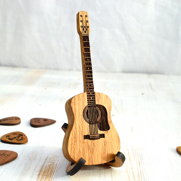 Wooden acoustic guitar pick box with stand, personalized guitar box for pick