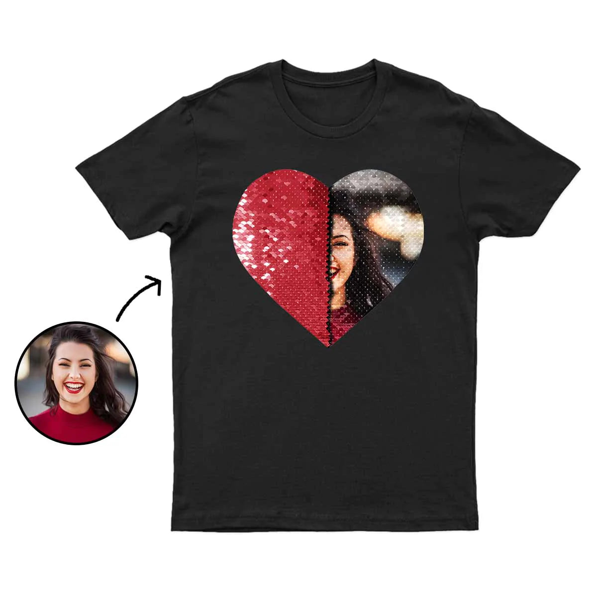 Custom Flip Sequin Shirt (Heart) - Personalized Heart Shaped Sequin With Picture Unisex Shirt - Reversible Sequin T shirt