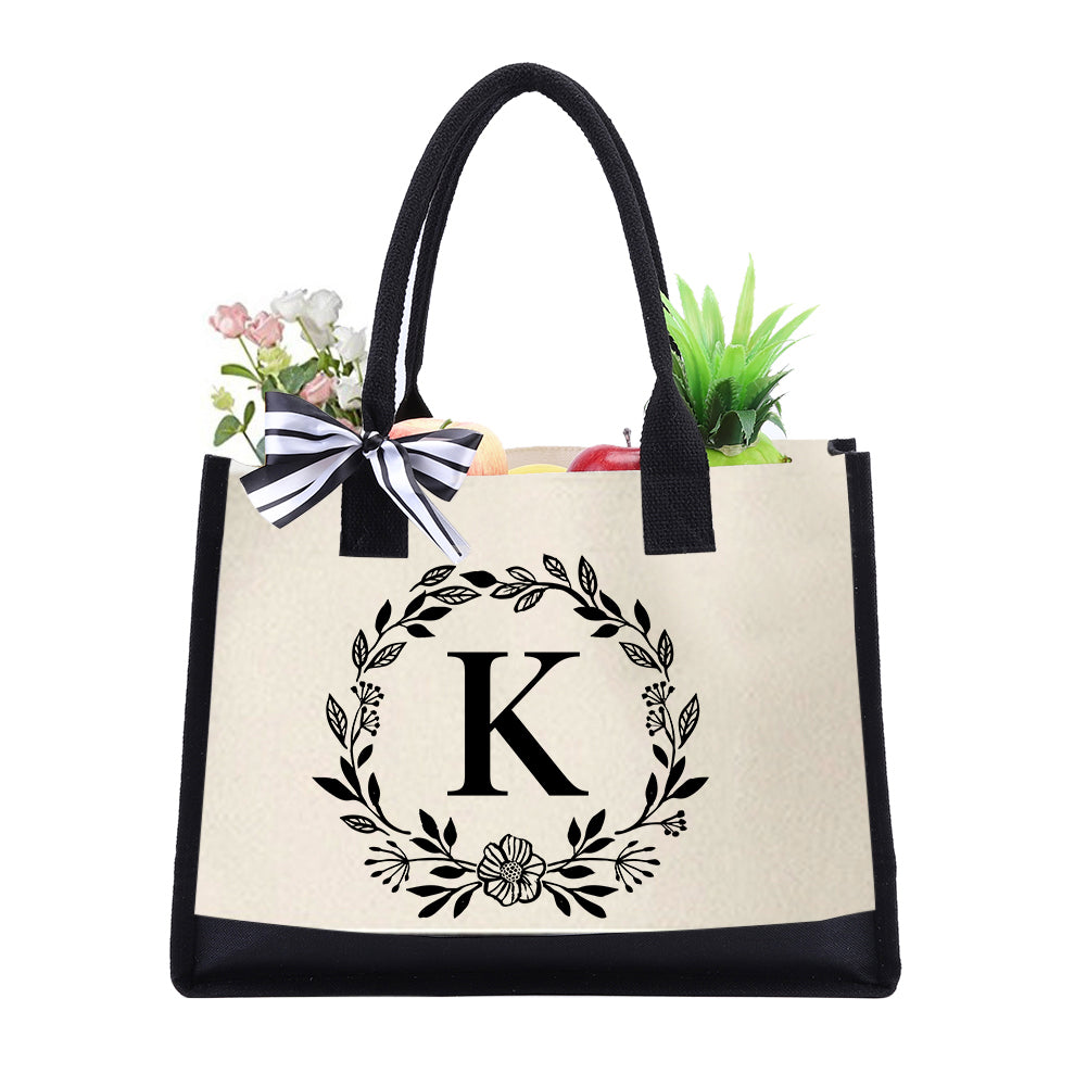 Letter Canvas Bag Women Hit Color Simple Shoulder Shopping Tote Handbag(k)