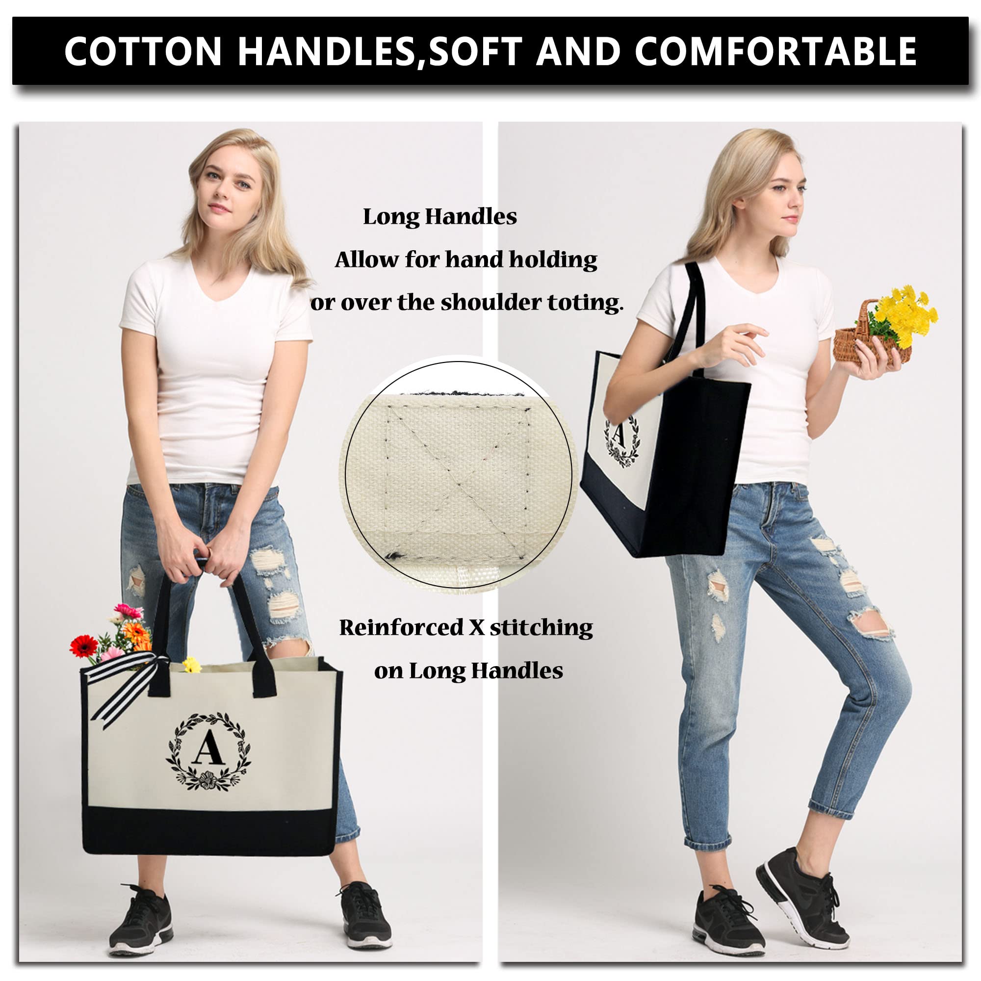 Letter Canvas Bag Women Hit Color Simple Shoulder Shopping Tote Handbag(M）