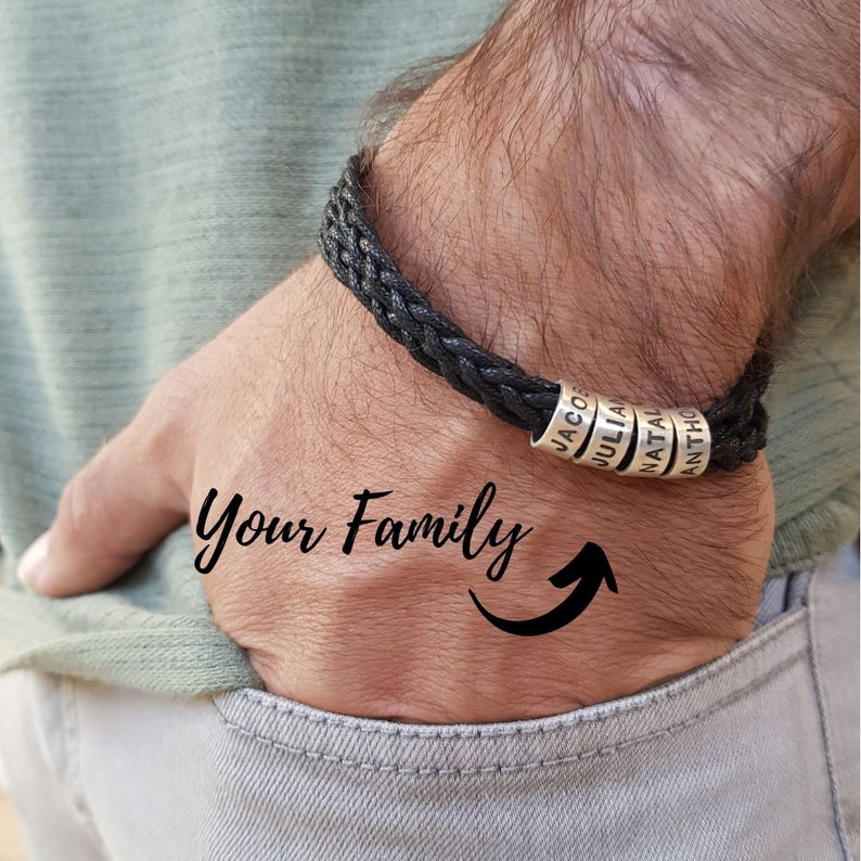 Personalized Mens Bracelet with Small Custom Beads Sterling Silver - Leather Engraved Dad Summer Gift for Men Boyfriend Husband