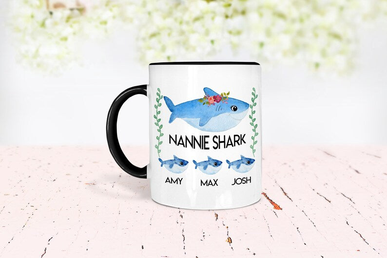 Nannie Gift, Nannie Shark Mug, Custom Nannie Mugs, Mug with Kids Names, Nannie Est Mug, Gift Ideas For Nannie, Nannie Christmas Gifts