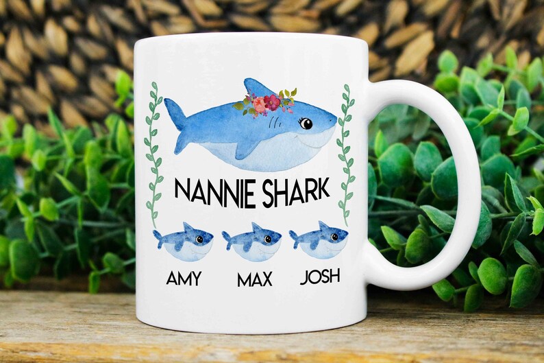 Nannie Gift, Nannie Shark Mug, Custom Nannie Mugs, Mug with Kids Names, Nannie Est Mug, Gift Ideas For Nannie, Nannie Christmas Gifts