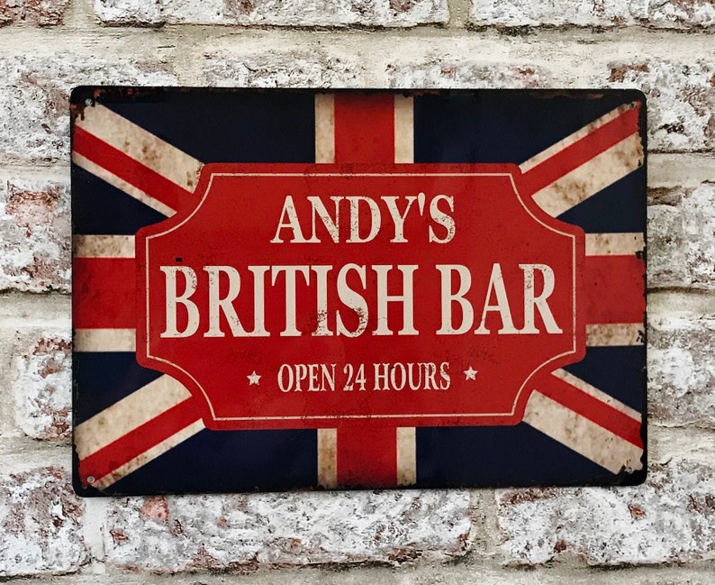 British Bar Sign, Union Jack, Home Bar, Pub, Man Cave, Shed, Garage, Personalised Aluminium Sign