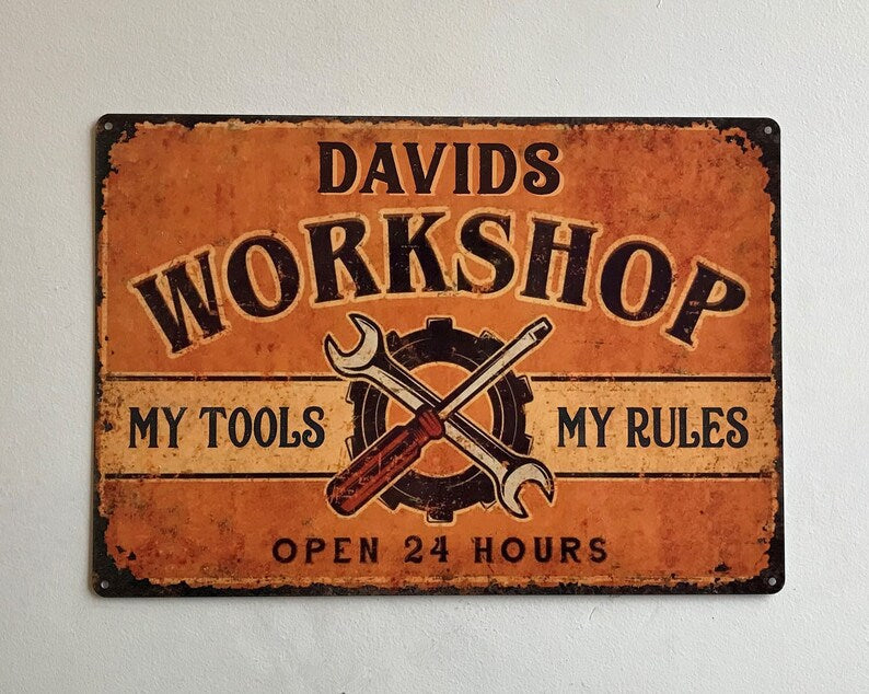 Personalised Workshop Sign, Metal Garage Workshop Shed Signs, Personalised Gift