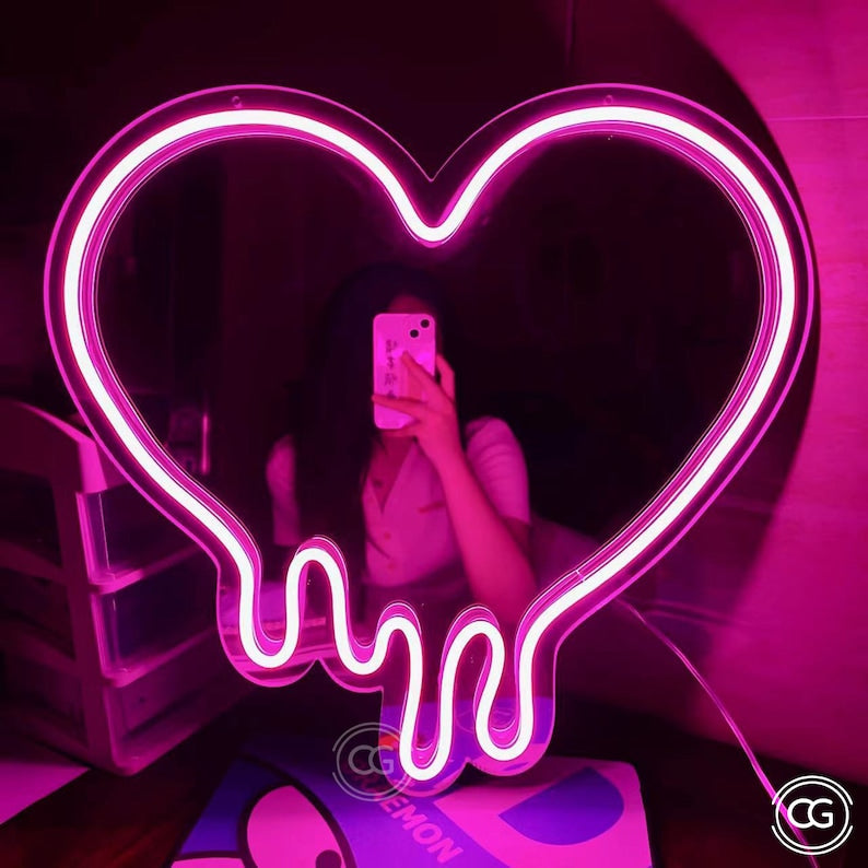 Bleeding Heart LED Neon Home Decor Sign - Melting Custom Heart Neon Mirror Sign Led - Custom Mirror Led Sign - Dripping Heart Mirror Neon Sign