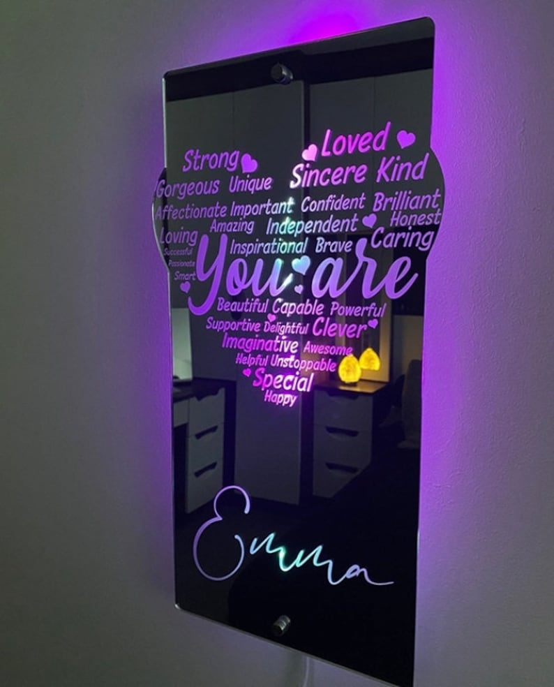 Personalized Self Affirmation Heart Mirror LED Light Inspirational Wall Decor - Personalised Name Heart Mirror With Led Lights